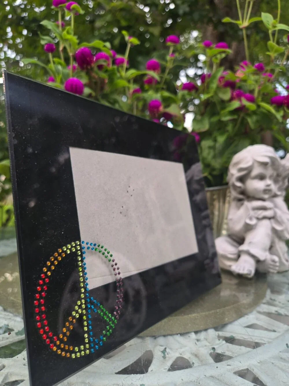 Retro y2k Rainbow Rhinestone Peace Sign Photo Frame - Glossy Black Glass